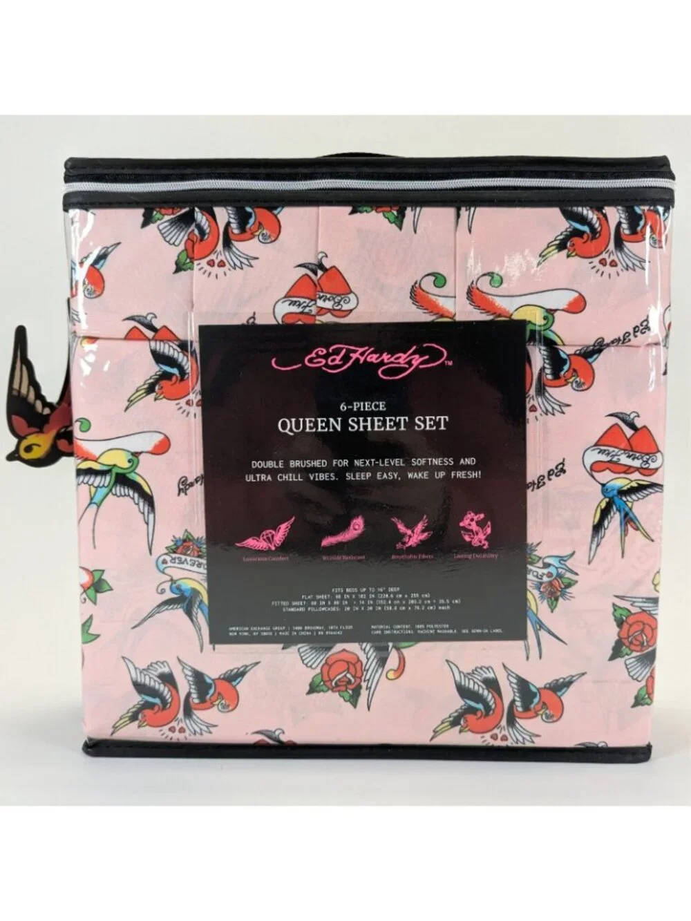 Ed Hardy Queen Sheet Set 6-Piece w 4 Pillowcases Pink Bird Heart Sheets - NEW